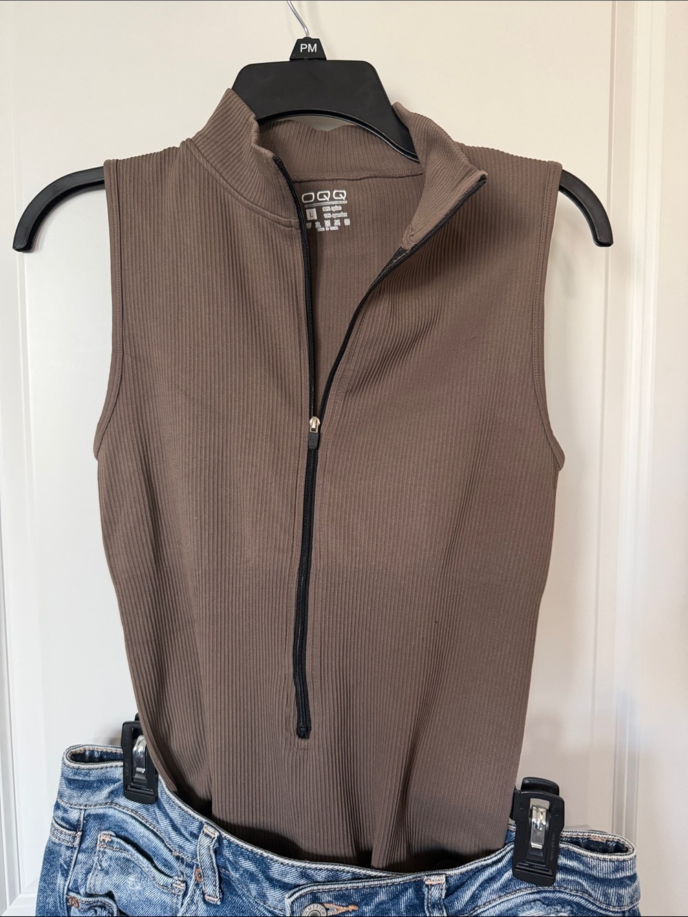 OQQ Ribbed Zip Front Sleeveless Bodysuit Taupe Brown Large NWOT